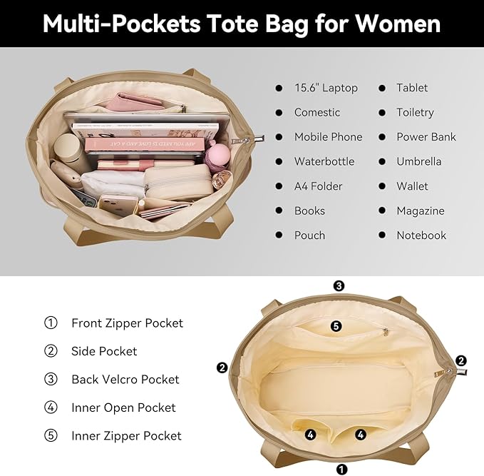 Handbags for Women Large Capacity Tote Bag with Zipper and Multi-Pockets Lightweight Waterproof Nylon Shoulder Bag