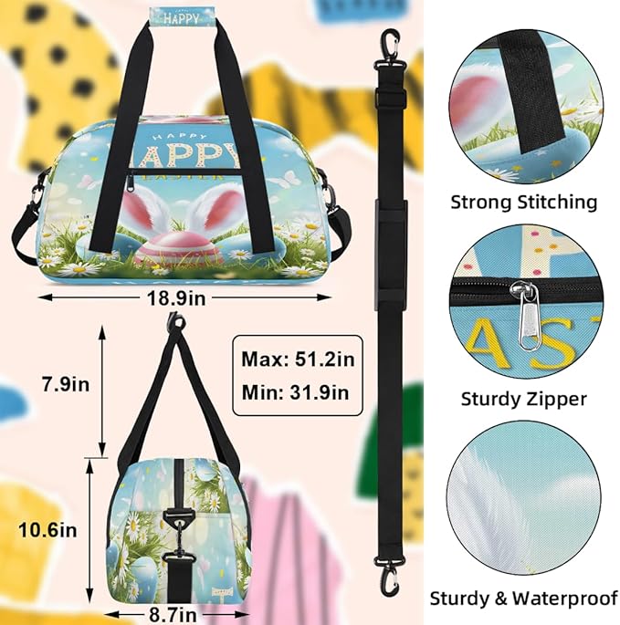 Travel Duffle Bag for travel duffle bag sports Girls Boys Kids Easter Eggs Bunny Lightweight Overnight Sleepover Weekender Bags Small Dance Gym Sport Bag Teens Carry-On Size Workout Bag