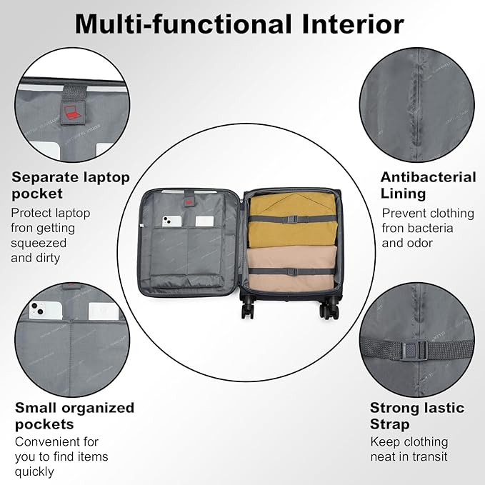 Kono 20 Inch Soft-Sided Carry-On Luggage Airline Approved 20" Spinner Wheels Lightweight Waterproof Suitcase with TSA Lock for Business Travel (Small, Navy Blue)