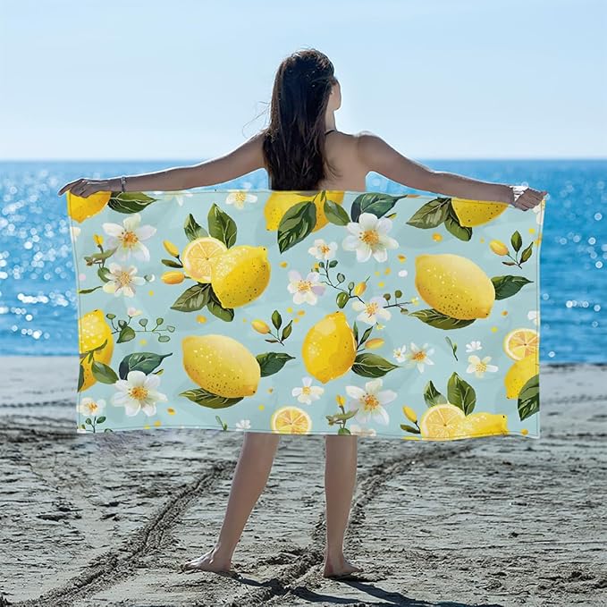 Lemon Summer Flowers Beach Towel, Large Microfiber Quick Dry Lightweight Pool Bath Towels Sand Free Beach Blanket for Summer Cruise Yoga Camping Travel Vacation Essentials 31 x 61 in