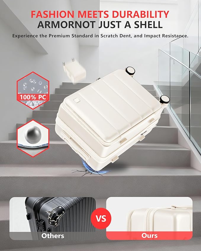 Expandable 20Inch Carry On Luggage Airline Approved - Top Opening Hardside Travel Suitcase Unbreakable -with Cup Holder,USB Charge,Side Pothook, 360°Spinner Wheels, TSA Lock-White