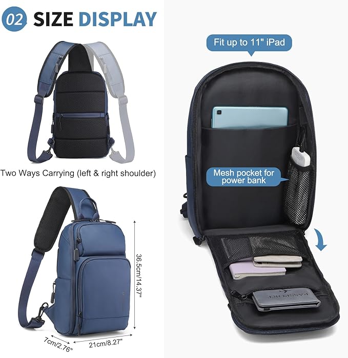 Men's Sling Bag, Convertible Anti Theft Sling Backpack, 11" One Shoulder Crossbody Backpack with USB Charging Port for Working Travel Daily, Dark Blue