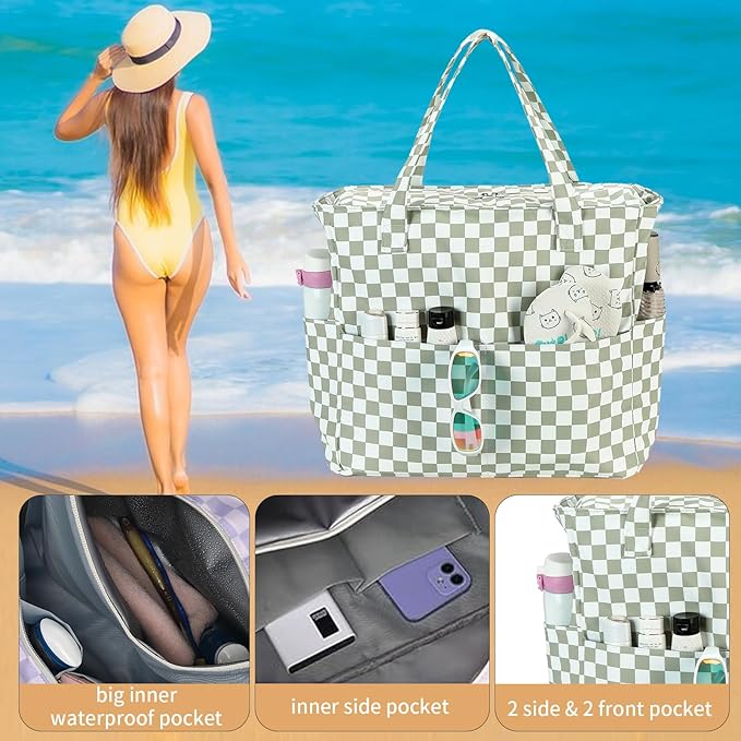 LEDAOU Large Beach Bag Women Waterproof Sandproof Zipper Beach Tote Pool Bag for Swim Gym Grocery Travel with Wet Pocket | Waterproof, Sandproof, Zipper, Pool, Gym, Grocery