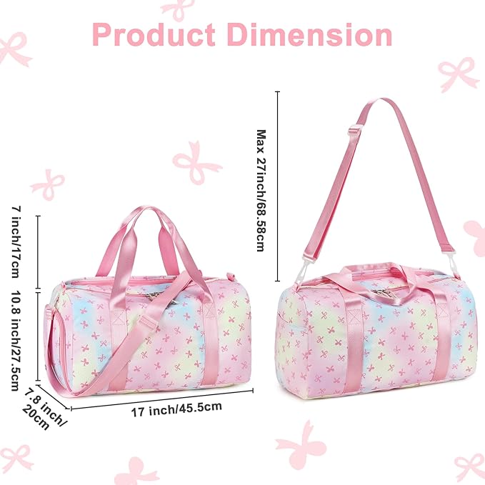 Gym Bag Sports Duffle Bag with Wet Pocket Weekender Overnight Bags with Waterproof Shoe Pouch and Air Hole for Girls Kids Women Workout Travel Bags (Bow Rainbow)