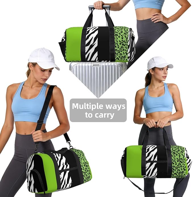 Leopard Print, Zebra Print, Animal Print, Green Women'S Gym Duffle Bag With Shoes Compartment, Ideal For Travel, Gym, Sports, Duffel, Weekender