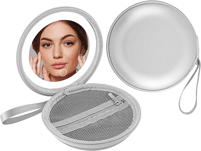 LED Makeup Mirror with Storage Pouch Portable Lighted Mirror, USB Rechargeable Travel Vanity Mirror with Waterproof Bag, 3 Color Modes, Gift for Women (Silver)