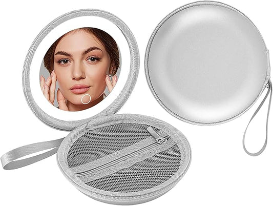 LED Makeup Mirror with Storage Pouch Portable Lighted Mirror, USB Rechargeable Travel Vanity Mirror with Waterproof Bag, 3 Color Modes, Gift for Women (Silver)
