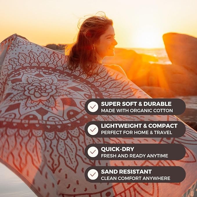 FESHKA Sand Proof Turkish Beach Towel – Oversized, Quick Dry & Lightweight Travel Towel - 100% Organic Cotton Beach Blanket - Perfect for Bath, Pool & Picnic | Sunflower (Maroon)