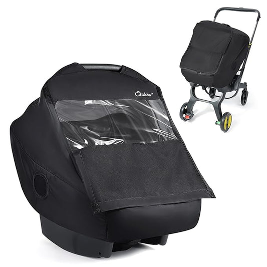 Car Seat Rain Cover with Clear Peep Window, Universal Car Seat Cover Baby with Zipper Door and Side Ventilation, All-Round Snow, Wind & Rain Canopy Waterproof Cover, Machine Washable, Black