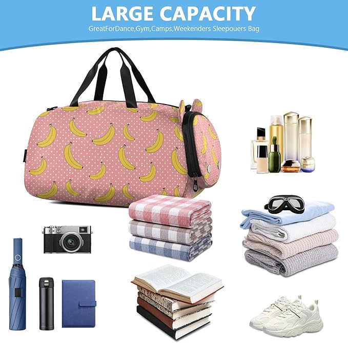VIGTRO Bananas Polka Dots Pattern Kids Overnight Travel Duffel Bag Sport Gym Bag for Boys Girls with Shoe Compartment, Carry On Weekender Luggage Bag for Dance Swim Yoga
