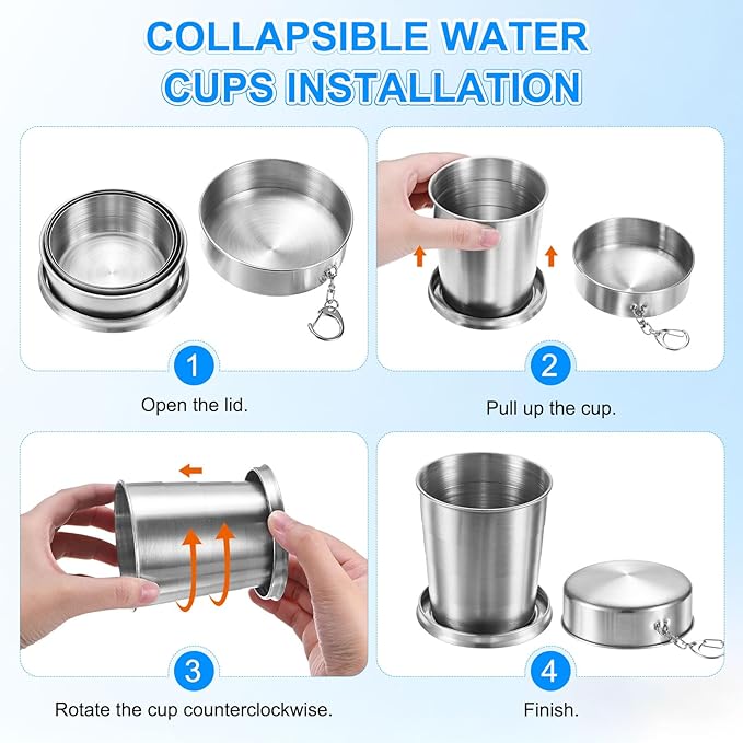 2 Pack Stainless Steel Collapsible Travel Cup, 2.4/5oz Reusable Collapsible Metal Cup Portable Foldable Water Bottle with Lid and Keychain for Travel/Camping/Hiking