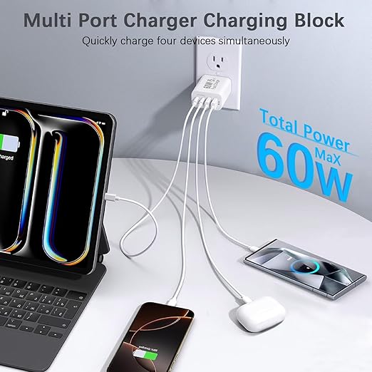 60W USB C Charger Block,2Pack 4-Port GaN USB C Charger Fast Charging Wall Plug Dual Type C+Dual USB-A Port Multiport Power Adapter Cube for iPhone 17 Pro Max/16e/15/14/13/12/11,iPad Pro/Air/Mini