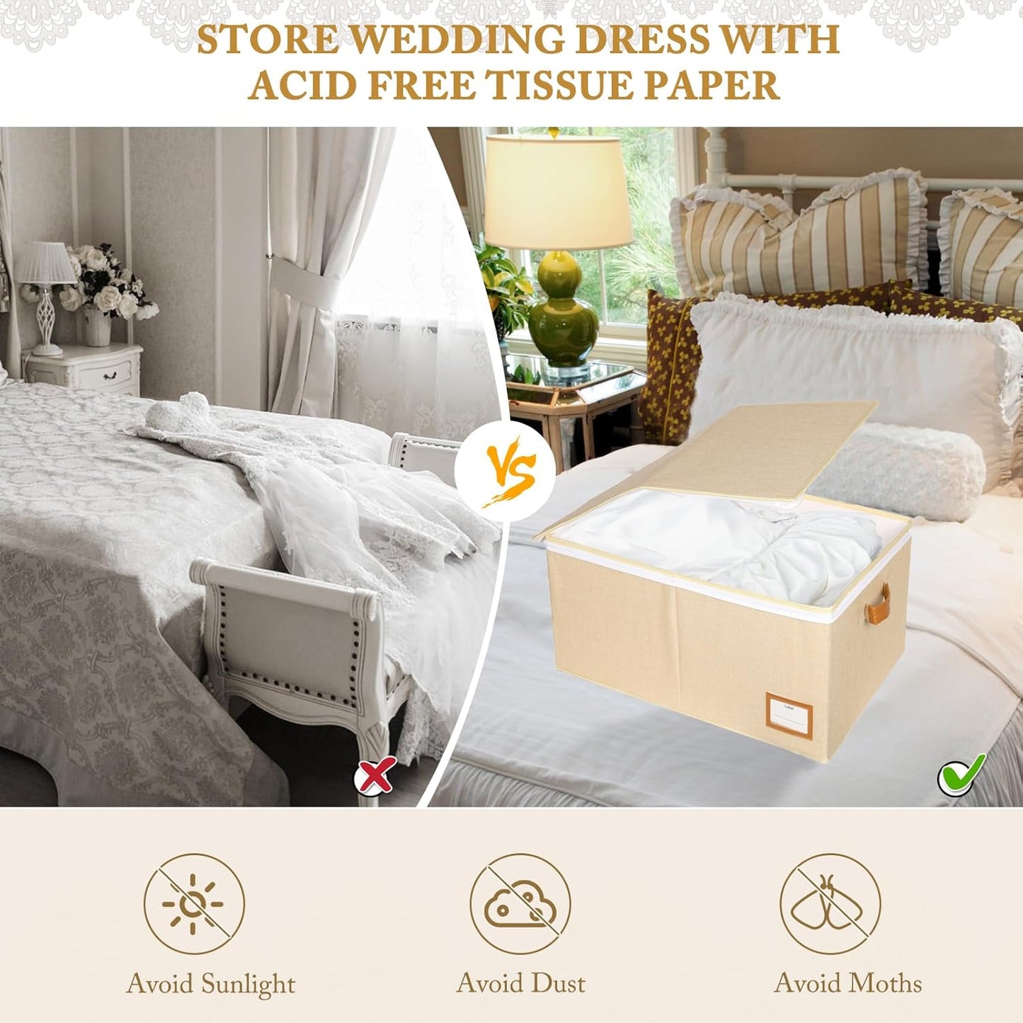 Wedding Dress Storage Box, Wedding Dress Preservation Box with Lid, Foldable Acid-Free Organizer with 1 Pair of Microfiber Gloves and 20 Sheets of Acid-Free Paper (1, Large)