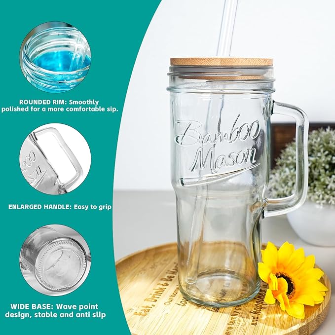 ANOTION Glass Cups with Lids and Straws - 24 oz Tumbler with Handle Christmas Coffee Cups Glass Straws Mason Jar Cups Drinking Set Kitchen Essentials Coffee Bar House Warming Gifts New Home