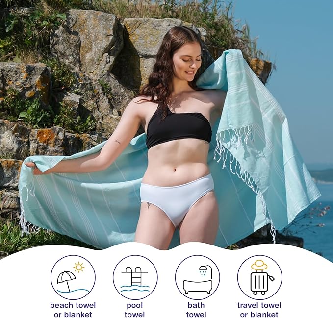Turkish Beach Towels, Pack of 6 | Oversized, Quick Dry, Sand Free | 100% Cotton, Large 38x71 Towels for Beach, Pool, Travel | Ultra-Soft, Compact, and Absorbent | Aquamarine