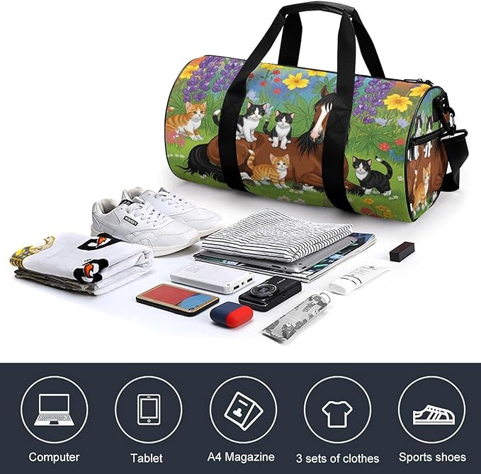 Workout Lightweight Duffel Bags Flowers Horse Cat Durable Travel Gym Sports Bag Carry On Weekender Overnight Bag