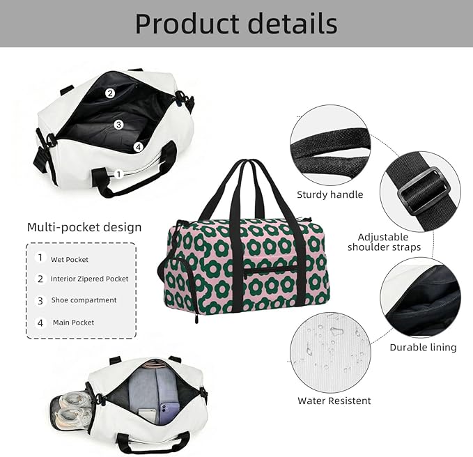 Cute Green Floral Pattern Retro Women'S Gym Duffle Bag With Shoes Compartment, Ideal For Travel, Gym, Sports, Duffel, Weekender