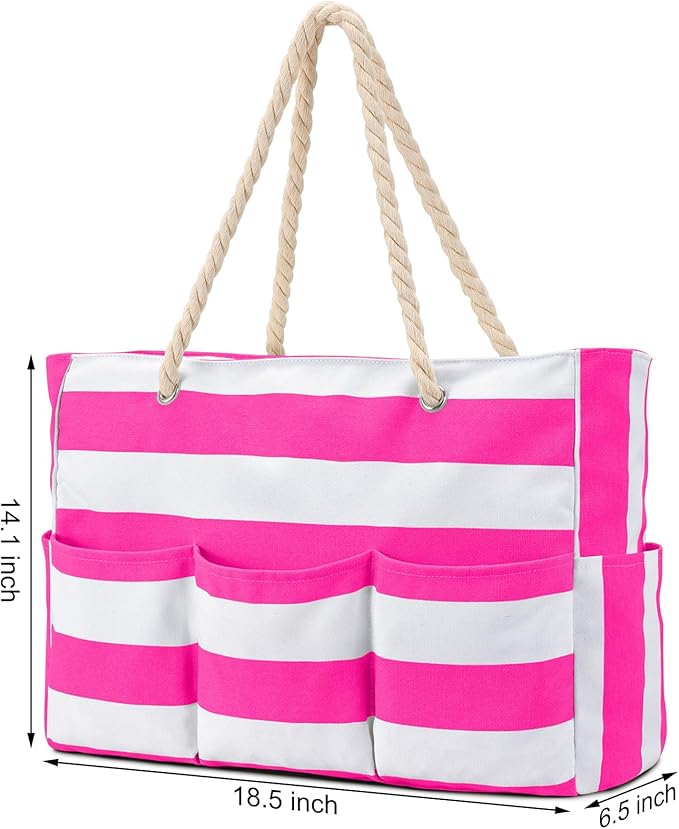 Becokan Beach Bags for Women Canvas Large Beach Tote Bag Zipper Waterproof Sandproof Foldable Swim Pool Bag with 7 Pockets