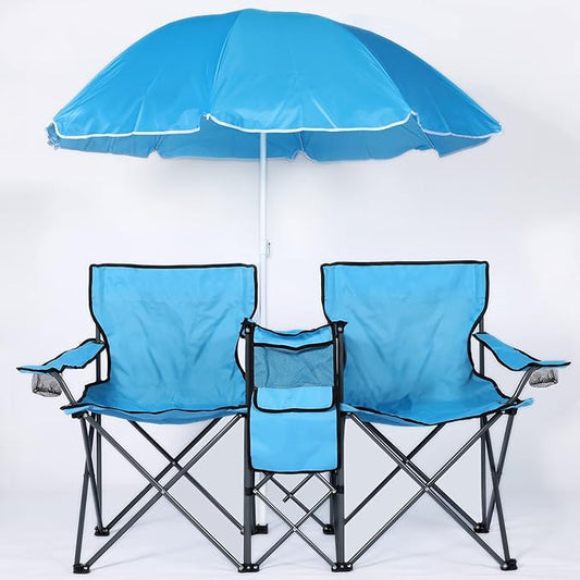 LAZZO Double Folding Camping Chairs, Portable Picnic Camping Chairs w/Umbrella Mini Beverage Holder Carrying Cooler Bag, Outdoor Picnic Double Folding loveseat Camp Chairs for Beach Patio Pool Park