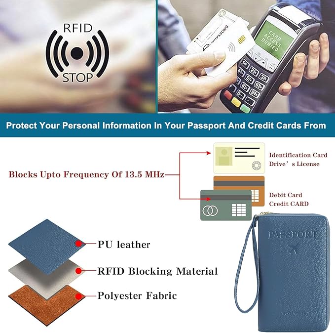 Multi-Functional Passport Holder Cover with Purse Charms,Premium Travel Wallet RFID Blocking Passport Cover Card Case for Holds Phones, Passports, Cash, Cards & Boarding Passes-Blue
