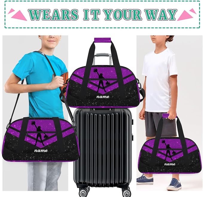 Custom Name Purple Black Cheerleading Squad Gym Travel Duffle Bag with Front Zipper Pocket Personalizedfor Sports Bag for Overnight, Weekender, Carry On,Workout & Dance, 18.9 * 8.7 * 10.6 in