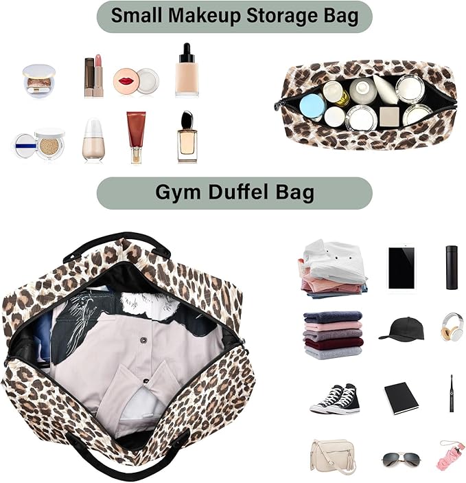 Travel Duffle Bag, Leopard Print Gym Bag with Storage Bag Weekender Overnight Bag for Men Women Trip Sports Yoga