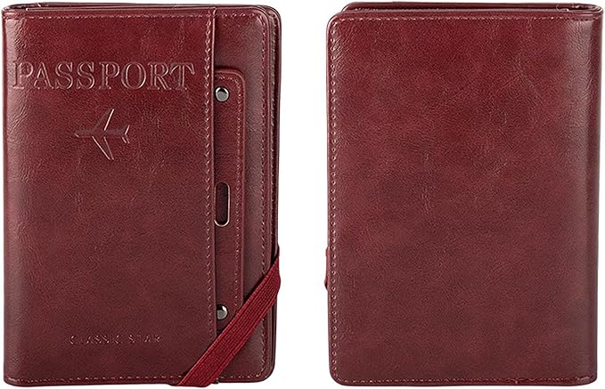 Genuine Leather Passport Holder Cover - RFID Blocking Travel Wallet & Passport Case with Pen Holder, Dual SIM Card Slots & Boarding Pass Pocket for Men & Women,Family Travel Essentials, Retro Style
