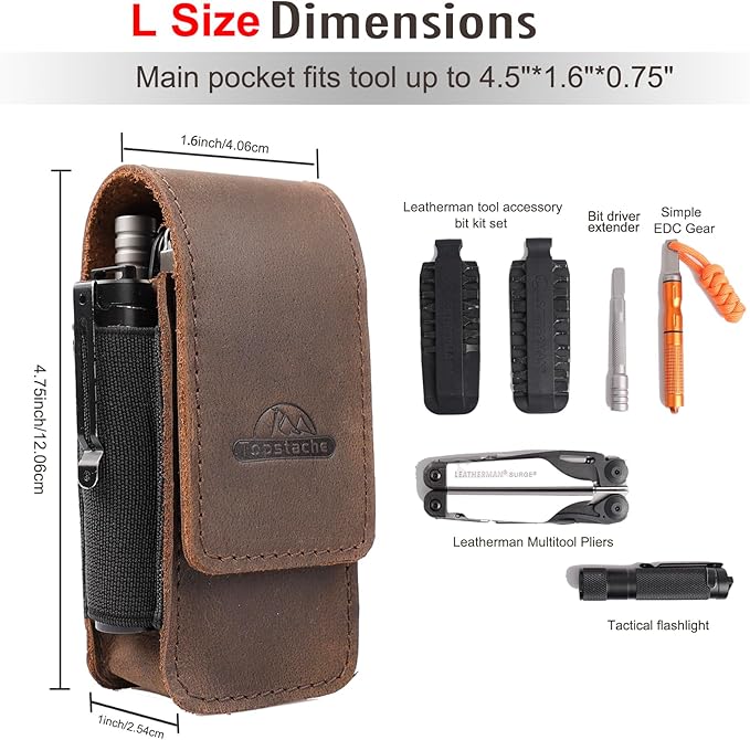 Topstache Multitool Sheath for Men - Belt Leather Multitool Holster - EDC Belt Organizer for Leatherman, Gerber - Magnetic Closure Multitool Pouch Fits Folding Tool, Darkbrown