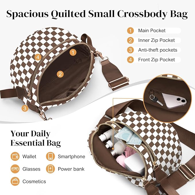 Spacious Nylon Checkered Crossbody Bum Bag for Women, Fashion Checkerboard Fanny Pack Purse with Anti-theft Pocket, Adjustable Wider Strap Wasit Bag (White-Brown)