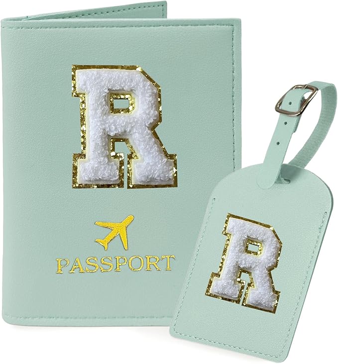 COSHAYSOO Green Passport Cover and Initial Luggage Tag Set TSA Approved with Preppy Chenille Letter Patch for Women Girl Friends, Trendy Travel Bag Backpack Suitcase Identifier Thanksgiving Gifts (R)