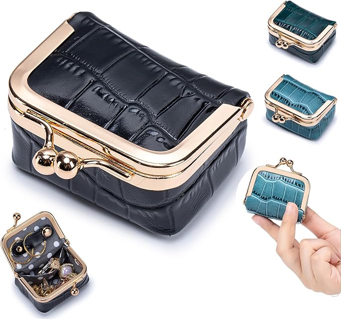 Genuine Leather Mini Jewelry Box & Coin Purse for Women, Travel Jewelry Case with Kiss Lock, Holds Earrings, Rings, Necklace, Bracelet, Coins (Black Crocdile Pattern)