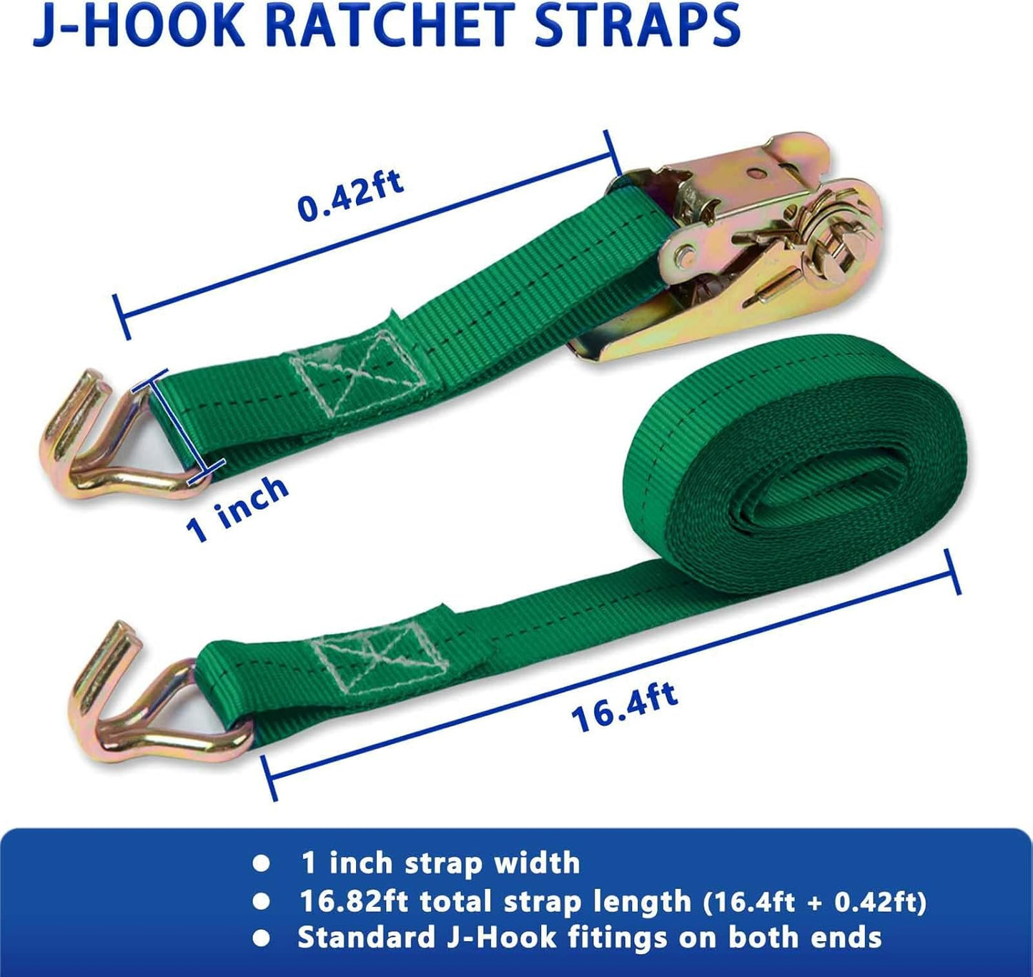 Ratchet Straps (4-Pack), 1 Inch x 16.4 Feet (2200lb Break Strength) with Sturdy Metal Hooks, 1x Work Gloves, Heavy Duty Tie Down Straps for Truck, Cargo Trailer, Motorcycle, Luggage, Moving (Green)