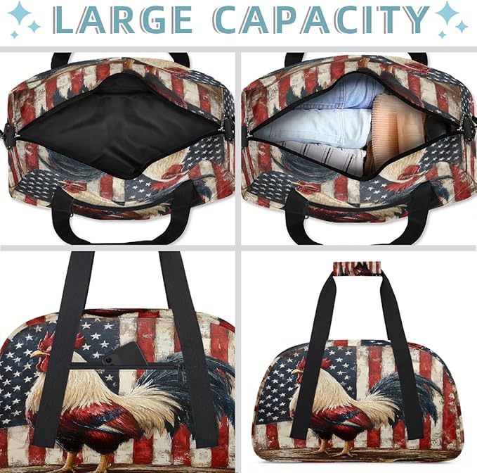 Kids Duffle Bag Girls Boys Farmhouse Rooster On American Flag Back Weekender Overnight Bag,Lightweight Duffel Bags for Traveling Gym Sport Dance