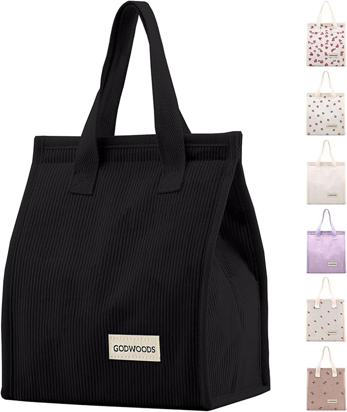 TELLUMO Corduroy Lunch Bag for Women Men Cute Lunch Bag Insulated Lunch Box with Large Capacity (7.5L) Reusable Lunchbag for Work, Picnic, Beach or Travel (S- Corduroy Black)