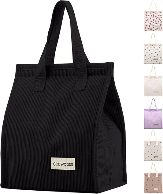 TELLUMO Corduroy Lunch Bag for Women Men Cute Lunch Bag Insulated Lunch Box with Large Capacity (7.5L) Reusable Lunchbag for Work, Picnic, Beach or Travel (S- Corduroy Black)