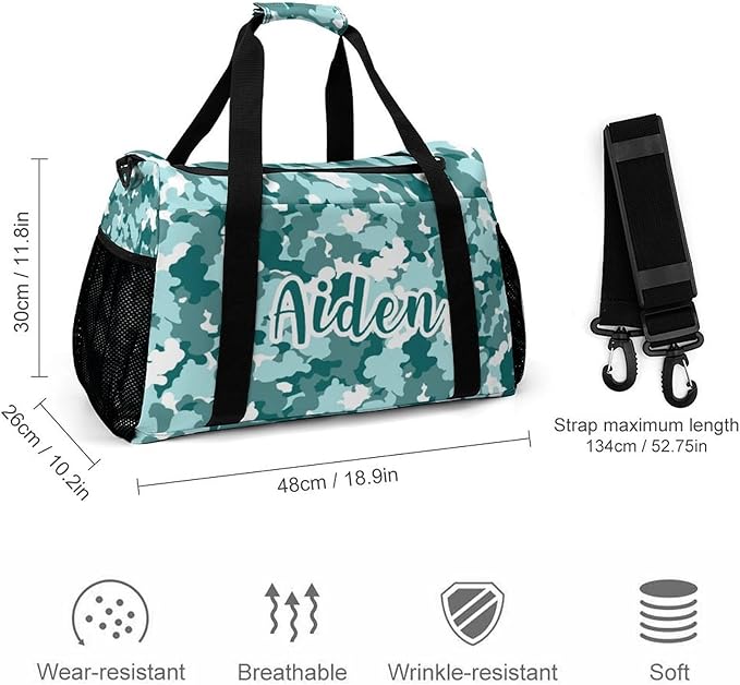 Duffle Bag, Personalized Name Camouflage Camo Teal Blue Pattern Travel Bag, Lightweight Gym Training Sports Bags Custom Unisex Gifts for Men Women
