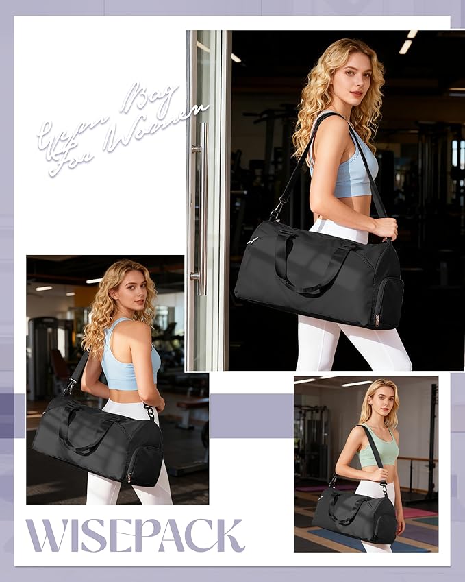 Gym Bag for Women with Shoe Compartment Lightweight Travel Duffle Bags Carry on Bag Overnight Weekender Duffel Bag with Wet Pocket Personal Item Travel Bag Tote Bag Workout Dance Bag Black