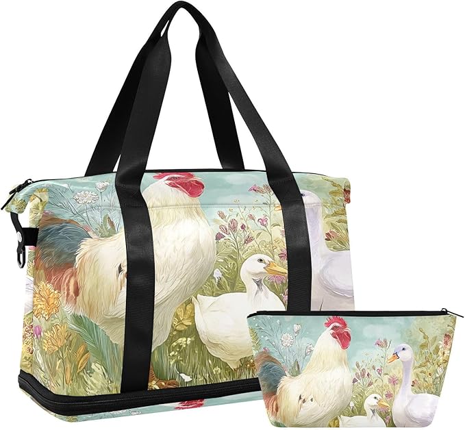 Travel Duffel Bags for Women Farm Chicken & Duck Watercolor Pattern Sports Duffel Bags Gym Bags with Shoes Compartment Tote Bag Weekender Bag for Travelling