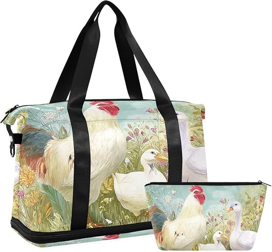 Travel Duffel Bags for Women Farm Chicken & Duck Watercolor Pattern Sports Duffel Bags Gym Bags with Shoes Compartment Tote Bag Weekender Bag for Travelling