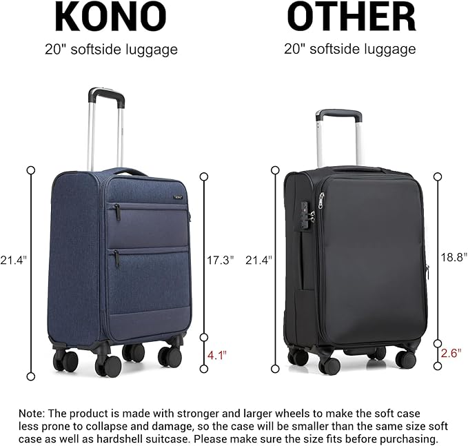 Kono 20 Inch Soft-Sided Carry-On Luggage Airline Approved 20" Spinner Wheels Lightweight Waterproof Suitcase with TSA Lock for Business Travel (Small, Navy Blue)