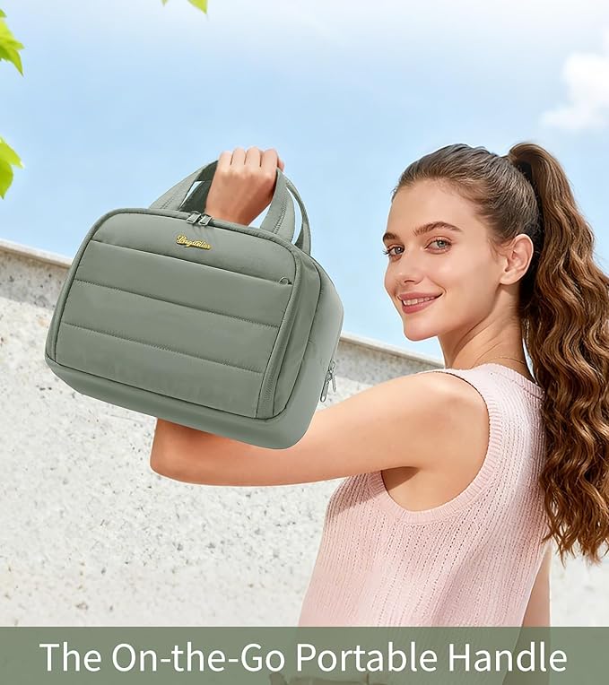 Travel Toiletry Bag for Women, Lightweight Large Quilted Puffy Makeup Bag Wide-open Make up Organizer Cloud Cosmetic Bag w/Handle for Traveling Toiletries Essentials Accessories Sage Green