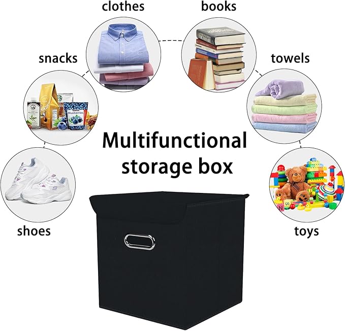 Closet Organizers Fabric Storage Bins With Lids Collapsible Cube Storage Organizer Basket With Handles,Storage Boxes for Clothes Storage,Office,Laundry,Shelves,6 Pack,（Black
