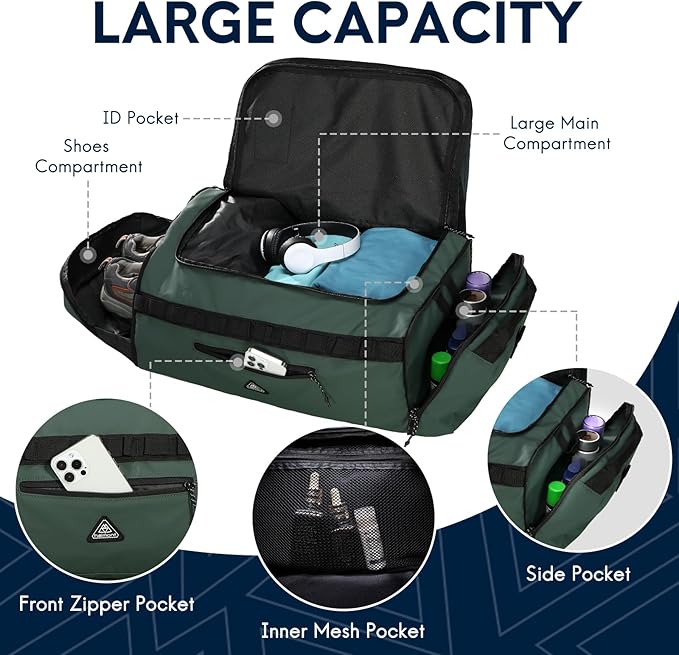 Haimont 50L Travel Duffle Bag for Men Women Foldable Sports Duffle Backpack for Gym Hiking Camping Workout Outdoor with Pocket & Shoe Compartment, Upgrade, Army Green