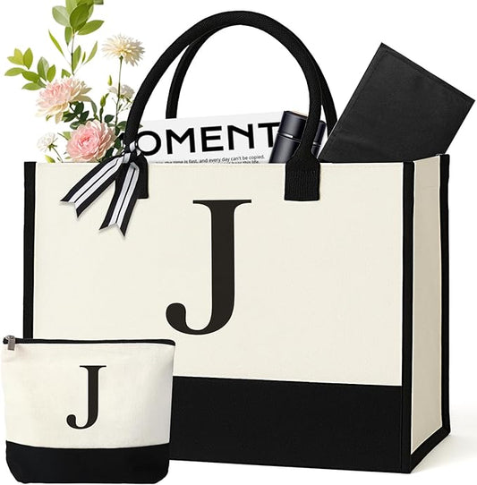 Personalized Canvas Tote Bag for Women Makeup Pouch Initial Beach Bag Removable Bottom Board for Travel Birthday