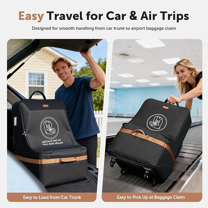 Car Seat Travel Bag for Airplane with Wheels, 4 Spinner Wheels, 900D Heavy Duty Padded Carseat Travel Bag, Ergonomic Backpack with Waist Support, Universal Fit for Convertible Infant Seats