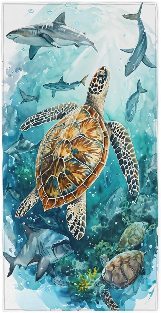 Turtle Shark Undersea Beach Towel, Large Microfiber Quick Dry Lightweight Pool Bath Towels Sand Free Beach Blanket for Summer Cruise Yoga Camping Travel Vacation Essentials 31 x 61 in