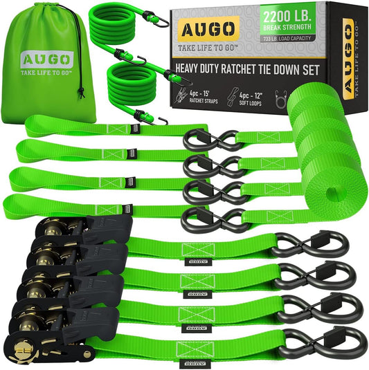 AUGO Ratchet Straps Heavy Duty 4 Pack -15 FT - 2200 LB Break Strength – with Safety Lock S Hooks - Cargo Straps for Moving, Appliances, Motorcycle – Soft Loop Tie Down Straps