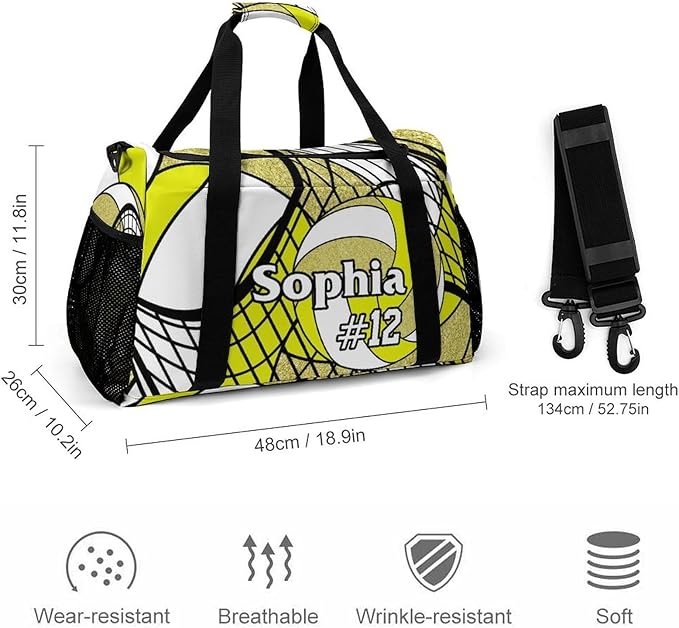 Custom Volleyball Yellow Gold Duffel Bag with Name Personalized Travel Bags Sport Gym Bag Carry On Weekender Bags for Men Women