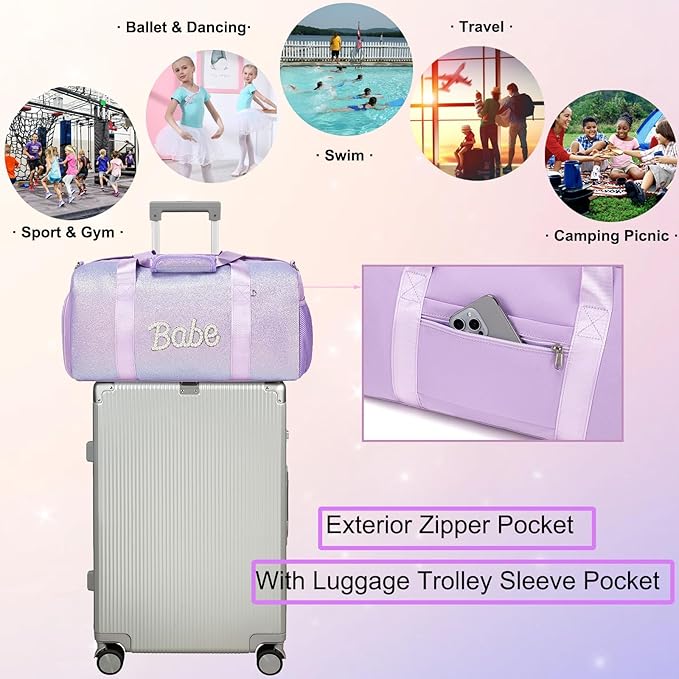 Cute Dance Bag for Girls Ballet Bag Shiny Glitter Sports Duffle Bags Gym Travel Bag with Shoes Compartment(Purple)
