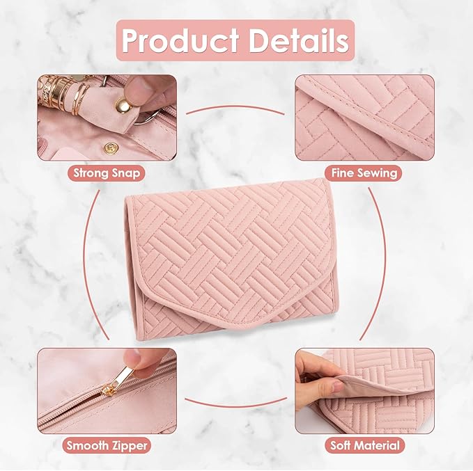 Travel Jewelry Roll Organizer Bag Foldable and Anti-Lost Jewelry Holder Storage for Rings, Necklaces, Bracelets, Earrings and Accessories, Small Pink